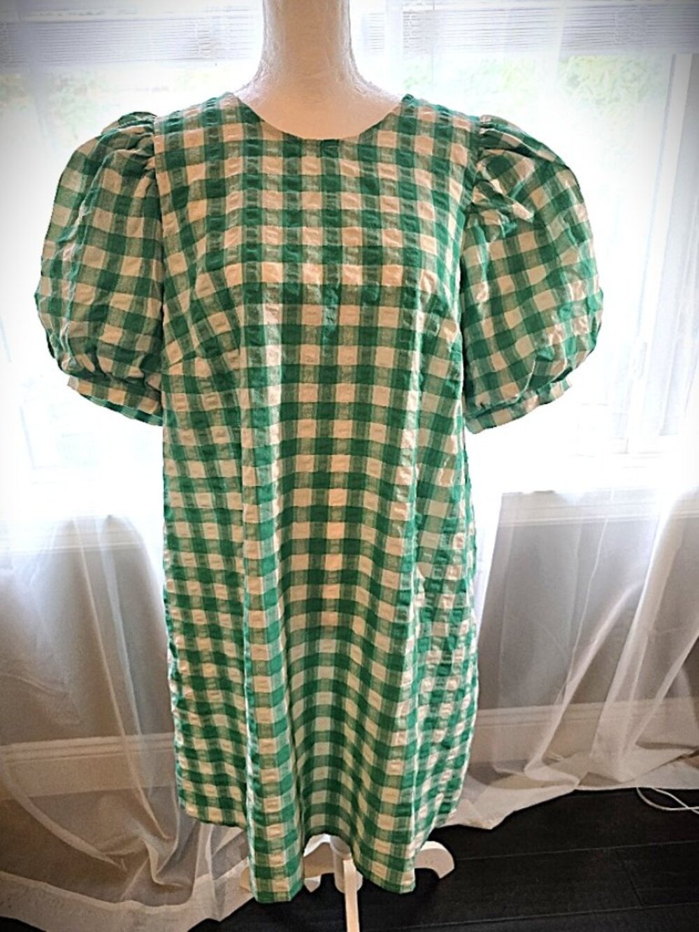 💚🤍💚A NEW DAY Cute Gingham Puff Sleeve Dress Green & White XXL